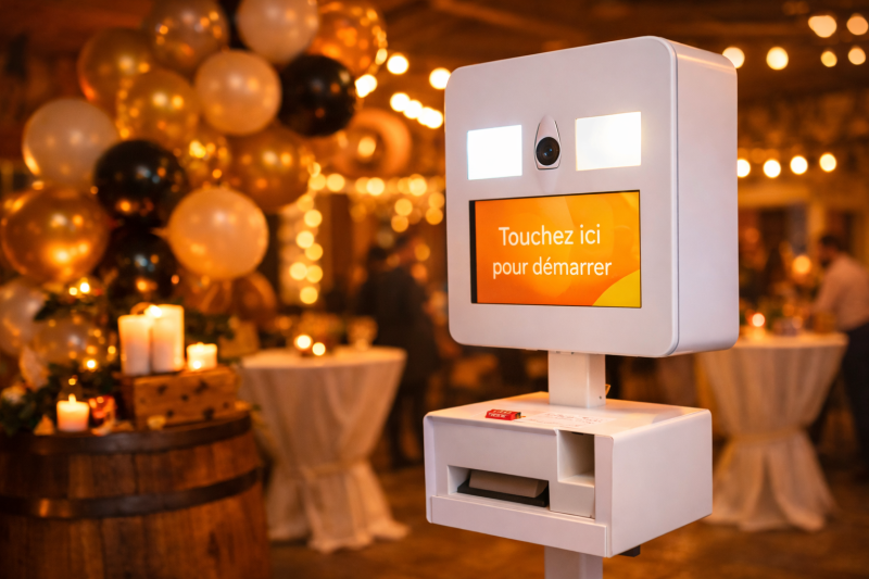 Borne photo photobooth installée lors d’un événement professionnel avec éclairage d’ambiance.